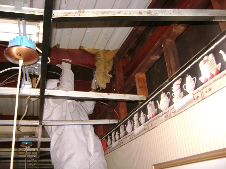 Technician in white protective gear doing attic insulation remediation among exposed roof rafters